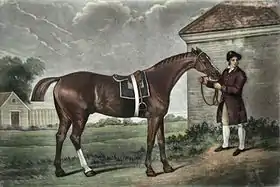 Peinture représentant un cheval alezan sellé et tenu en main dans la cour d'une ferme.
