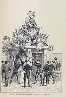 Gravure représentant l'hommage annuel de l'École polytechnique à la statue de Strasbourg, le 14 juillet 1881