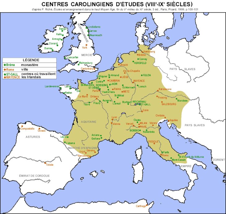 Carte de l'empire carolingien, indiquant les positions de nombreuses villes et abbayes.