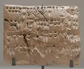 Tablette économique portant des signes numéraux et des signes d'écriture proto-élamite, Suse.