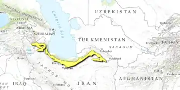 Carte du Moyen-Orient avec une écorégion représentée par un liseré longeant au sud le précédent.