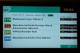 Prochains départs des lignes de bus 179, 279, 291 et 389 à la station de métro Pont de Sèvres.