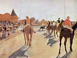 Peinture représentant des chevaux et des jockeys marchant sur la piste d'un hippodrome.