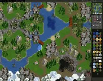 Capture d'écran d'un logiciel utilisé pour dessiner une ville médiévale en vue aérienne.