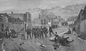 Un bataillon de chasseurs à pied, envoyé en reconnaissance, occupe un village où vient d'avoir lieu un engagement de cavalerie.