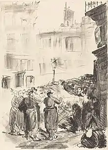 Lithographie présentant un peloton d'exécution versaillais fusillant des communards.