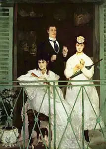 Édouard Manet, Le Balcon (1869), Paris, musée d'Orsay. Antoine Guillemet posant avec Berthe Morisot (assise à gauche) et Fanny Claus.