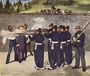 Peinture à l'huile représentant Maximilien en tenue bleue portant un sombrero, entouré de deux autres hommes, fusillés par un peloton de six hommes, tandis qu'un autre soldat recharge son fusil et que derrière le mur observent une dizaine de spectateurs