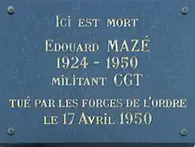 Plaque commémorative posée à l’endroit où Edouard Mazé fut tué, au 7, rue Kerabecam à Brest