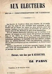 Campagne électorale de soutien de Charles Desmoutier par Edouard Parsy en 1876.