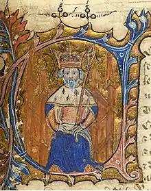 Enluminure représentant un roi assis sur son trône, avec sa couronne et son sceptre.
