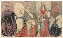 Représentation de Jørgen Engelhart, et Christian et Oda Krohg dans un café, par Edvard Munch