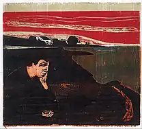 Edvard Munch, Soir. Mélancolie I, gravure sur bois, 1896 (41,1 × 55,7 cm), Musée Munch, Oslo.