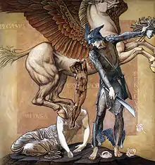 Persée casqué brandit la tête de Méduse de la main gauche et une épée dans la gauche, devant le cheval Pégase, à côté de Chrysaor, le corps décapité de Méduse au sol