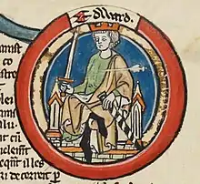 Enluminure représentant un jeune homme assis, portant une couronne et une épée. Une lame est plongée dans son sein.