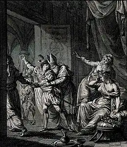 Gravure montrant un jeune homme couronné portant une culotte bouffante, entraîné par deux hommes âgés portant des tiares loin de deux femmes éplorées à la poitrine dénudée