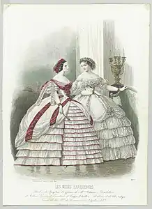 Robes de Gagelein…, gravure de Préval d'après Compte-Calix parue dans Les Modes parisiennes, no 887 en 1860.