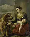 Un saint-Bernard vient en aide à une femme perdue avec un enfant malade (1827).