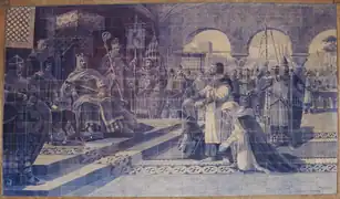 Azulejos de la gare de São Bento : Egas Moniz IV de Riba Douro se présente au roi de León avec sa famille.