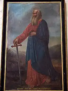 L'Apôtre saint Paul, auteur de certaines Épîtres du Nouveau Testament, tenant le glaive qui est l'arme de son martyre par décapitation en l'an 67 près d'Ostie.