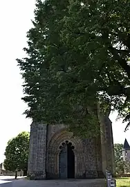 Vue de la façade ocultée par un immense tilleul.