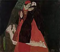 Peinture représentant un cardinal qui enlace une nonne en l'embrassant