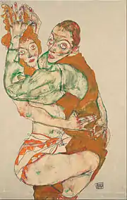 Dessin coloré montrant de profil un couple debout enlacé, la femme cuisses nues relevées, tous deux regardant le spectateur
