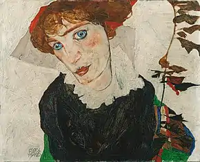 Peinture d'une femme en robe noire et col de dentelle, semblant fixer le spectateur de ses grands yeux bleus