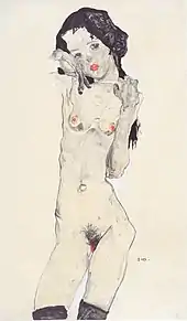 Dessin en plan américain d'un nu féminin. Modèle très mince, à peine pubère. Bouche, mamelons et vulve soulignés de rouge