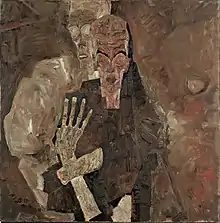 Portrait sombre d'un homme de face, émacié, les yeux clos, avec derrière une silhouette grisâtre et devant une grande main maigre