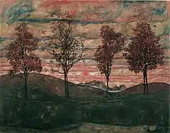 Peinture de quatre arbres frêles alignés sur un vallonnement sombre sous un ciel stratifié