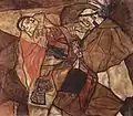 Peinture sur fond neutre compartimenté de deux hommes mains presque jointes, un jeune tête en arrière, l'autre, barbu, de profil vers lui