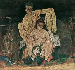 Peinture sur fond sombre d'un homme nu assis sur un lit, une femme nue accroupie au sol devant lui avec un petit enfant