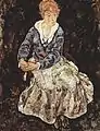 Portrait peint en pied d'une femme assise de trois-quarts face sur fond sombre, jupe claire, corsage foncé, mains jointes sur un accoudoir