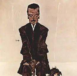 Portrait peint frontal d'un homme assis vêtu de sombre, mains entre les genoux et yeux exorbités