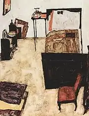 Peinture dans des tons neutres d'un espace en longueur vers le fond du tableau, avec un lit à droite et peu de meubles