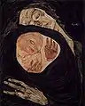 Peinture sombre avec une tête de femme penchée et sa grande main maigre autour d'une sorte de bulle claire avec une tête d'enfant et deux petites mains