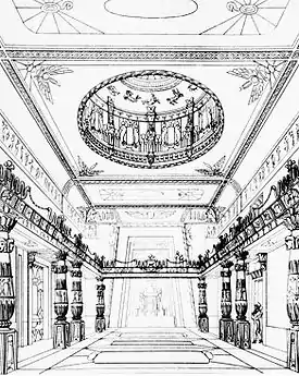 La grande salle de l'Egyptian Hall redessinée par J.B. Papworth (en), en 1819.