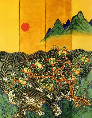Peinture sur paravent à huit feuilles. Le mois de janvier. XIXe siècle. Musée du Palais national, Séoul