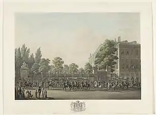 La cavalerie lors de l'entrée solennelle de Guillaume Ier à Bruxelles le 21 septembre 1815, gravure de Denis-Sebastien Leroy, 1825.