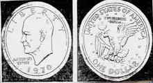 Les deux côtés d'une pièce : d'un côté, un homme chauve vu de profil et les inscriptions Liberty, In God we trust et 1970, sur l'autre, un aigle volant tenant un rameau d'olivier et les inscriptions United States of America, One Dollar et E pluribus enum.