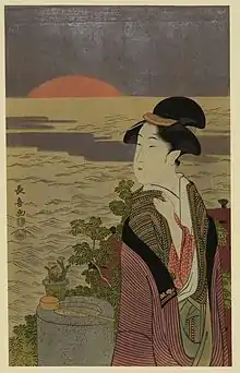 Estampe en couleur montrant une femme en kimono devant un soleil levant.