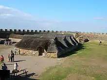 Maisons basses à toit de chaume au sein d'un fort circulaire