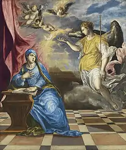 Peinture. L'ange approche du sol à droite, rejoignant Marie assise avec un livre.