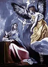 Peinture. Vus en contre-plomgée, l'ange à droite et la Vierge à gauche sont en conversation.
