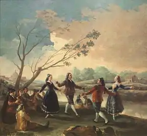 Peinture : un groupe de danseurs en ronde, sur les rives du Manzanares