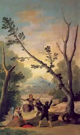 Peinture : un femme fait de la balançoire installée entre deux arbres, pendant qu'une autre femme joue de la guitare. Un homme lève les bras au ciel.