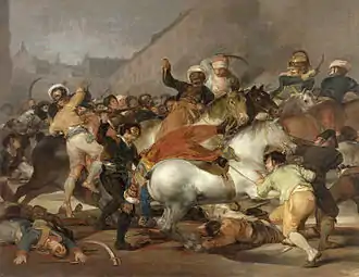 Scène de combat de rue, entre des cavaliers et des civils armés de couteaux.