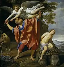 Tableau, un homme à la cape rouge est survolé par un ange, un homme prisonnier à son côté.