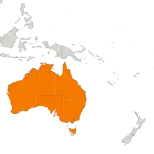 Carte de l'Océanie. L'Australie est colorisé en orange sauf sur l'État de Tasmanie où seule la partie nord-est est de cette couleur.